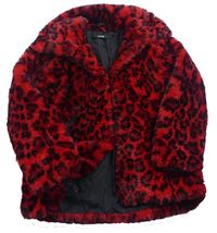 Červeno-černý chlupatý zateplený kabát s leopardím vzorem zn. George