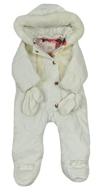 Smetanová šusťáková zimní kombinéza s kapucí s kožešinou + rukavice zn. TED BAKER