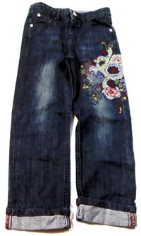 Modré riflové kalhoty s kytičkami zn. Rocha