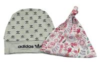 2x Šedá čepice s logem zn. Adidas + Růžovo-bílá květovaná čepice zn. M&S