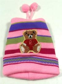 Růžovo-zeleno-fialová pruhovaná pletená čepička s medvídkem 