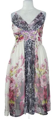 Dámské bílo-šedo-růžové květované šifonové šaty s motýlkem 