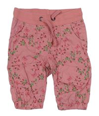 Růžové květované plátěné kalhoty s úpletovým pasem zn. Papagino