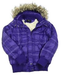 Fialová kostkovaná šusťáková zimní bunda s kapucí zn. H&M