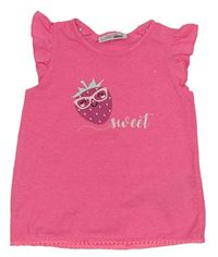 Křiklavě růžové melírované tričko s jahůdkou a volánky zn. Ergee