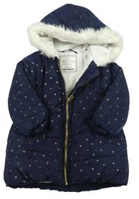 Tmavomodrá šusťáková zimní bunda s mašlemi a kapucí s kožíškem zn. Matalan