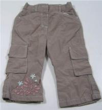 Hnědé plátěné oteplené kalhoty s kytičkami a kapsami zn. Adams 