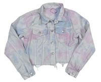 Světlemodro/růžovpo-bílá batikovaná riflová crop bunda zn. Candy Couture