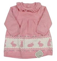 Růžovo-bílé pletené šaty se králíčky a volánkem zn. little Nutmeg