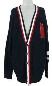 Pánský tmavomodrý oversized propínací svetr s pruhy zn. TRN1961