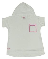 Bílé tričko s růžovou kapsou a kapucí zn. Zara