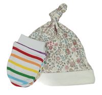 2set- Krémová květovaná čepice + Barevné pruhované novorozenecké rukavice zn. Mamas&Papas