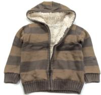 Hnědo-hnědošedý zateplený pruhovaný propínací svetr s kapucí zn. Marks&Spencer 