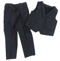 2set - Černo-šedá vzorovaná vlněná společenská vesta + kalhoty zn. M&S