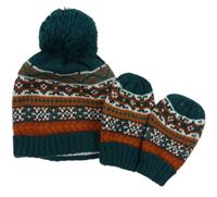 2set - Zeleno-barevná vzorovaná pletená čepice + rukavice zn. Mothercare