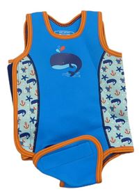 Modro-mátovo-oranžové neoprenové plavky s velrybou zn. Mothercare 