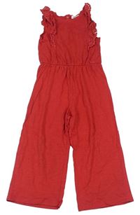 Červený bavlněný kalhotový overal s volány s madeirou zn. H&M