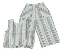 2Set - Bílo-tmavošedé pruhované culottes kalhoty + crop top s volánky zn. Tu