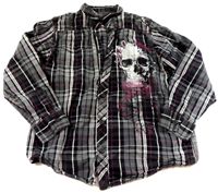 Fialovo-černo-šedá kostkovaná košile s lebku 