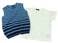 2xTmavomodro-modrá pruhovaná svetrová vesta + bílé tričko zn. Next 
