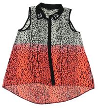 Bílo-černo-neonově růžový šifonový halenkový top s leopardím vzorem zn. Matalan