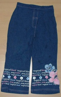 Modré riflové kalhoty s kytičkami a nápisy