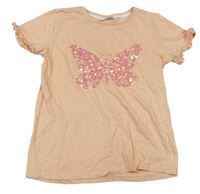 Meruňkové tričko s motýlem z flitrů zn. Matalan