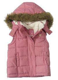 Růžová melírovaná šusťáková zateplená vesta se srdíčkem a kapucí s kožešinou zn. YD