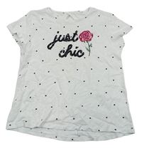 Bílé puntíkaté tričko s nápisem a růží 
