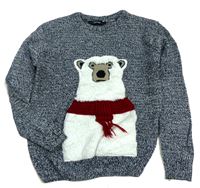 Tmavomodro-bílý melírovaný pletený svetr s medvídkem zn. George