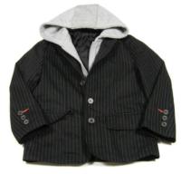 Černo-šedý pruhovaný kabátek s límečkem a kapucí 