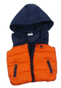 Oranžovo-tmavomodrá šusťáková zateplená vesta s kapucí zn. F&F