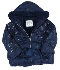 Tmavomodrá šusťáková zimní bunda s jednorožci a kapucí + rukavice zn. M&S 