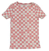 Růžovo-bílé kostkované žebrované tričko s kytičkami zn. F&F