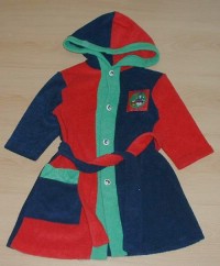 Tmavomodro-červeno-zelený fleecový župánek s obrázkem a kapucí zn. Mothercare