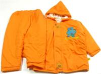 Set - Oranžová zimní bundička s medvídkem + zimní kalhoty 