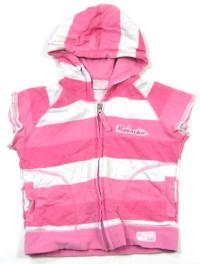Růžovo-bílá pruhovaná vesta s nápisem a kapucí 