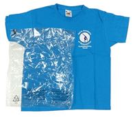 Modré tričko s gymnastkou a nápisy zn. FRUIT of the LOOM