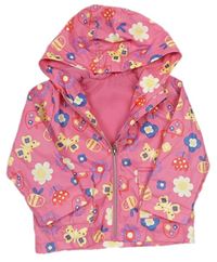 Růžová pogumovaná zateplená jarní bunda s kytičkami a kapucí zn. Nutmeg