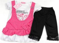 Outlet - 2set - Bílé tričko s růžovou vestou+černé 3/4 legínky