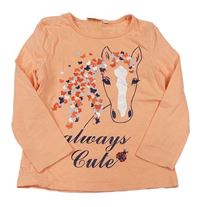 Oranžové triko s koníkem s motýlky a nápisy zn. Kids
