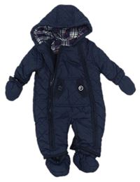 Tmavomodrá šusťáková zimní kombinéza s kapucí + rukavice + capáčky zn. Mothercare