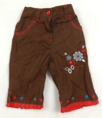 Hnědé plátěné oteplené kalhoty s kytičkou zn. Mothercare