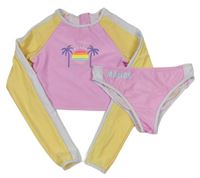 2set- Růžovo-žluto-bílé UV crop triko s palmami + kalhotky zn. Primark
