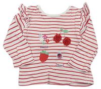 Bílo-jahodové pruhované triko s třešněmi a volánky zn. Mothercare