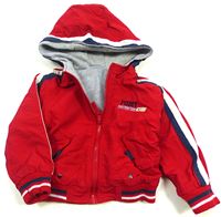 Červeno-modro-bílá šusťáková zateplená bunda s kapucí 