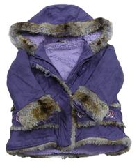 Fialový semišový zateplený kabát s kytičkami a kapucí zn. George