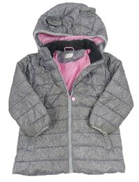 Šedý melírovaný prošívaný šusťákový zimní kabát s odepínací kapucí s oušky zn. H&M
