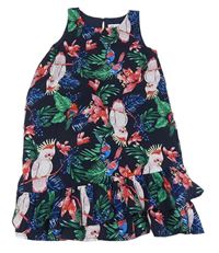 Tmavomodro-barevné květované šaty s papoušky zn. H&M