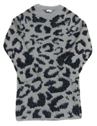 Šedé chlupaté třpytivé svetrové šaty s leopardím vzorem zn. Next